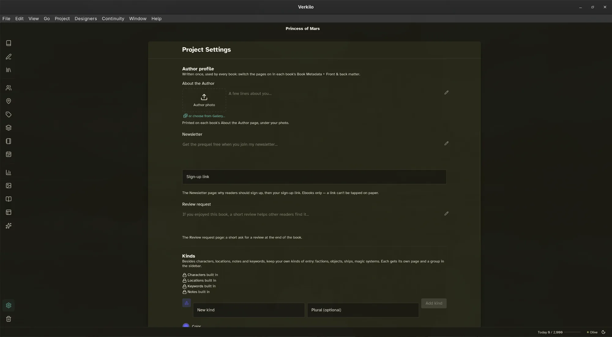 Project Settings, Author profile: a bio beside the author photo, the newsletter text and sign-up link, and the review request