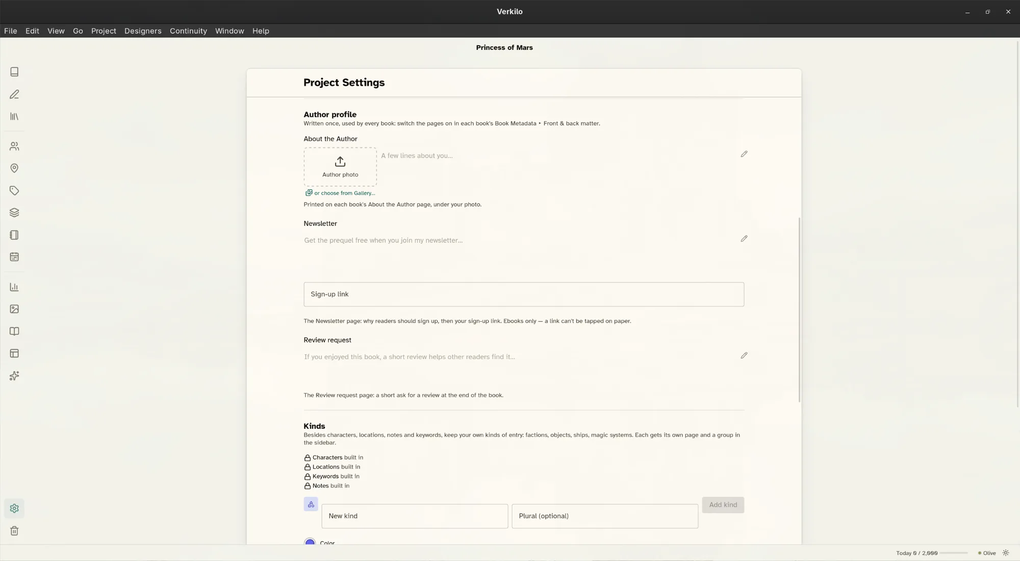 Project Settings, Author profile: a bio beside the author photo, the newsletter text and sign-up link, and the review request