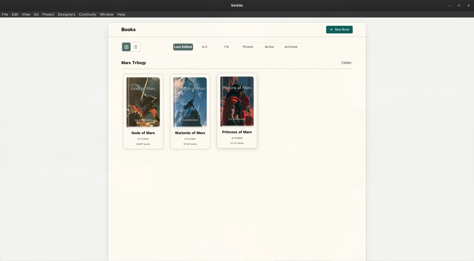 The Books view: every book in the project with its cover and word count