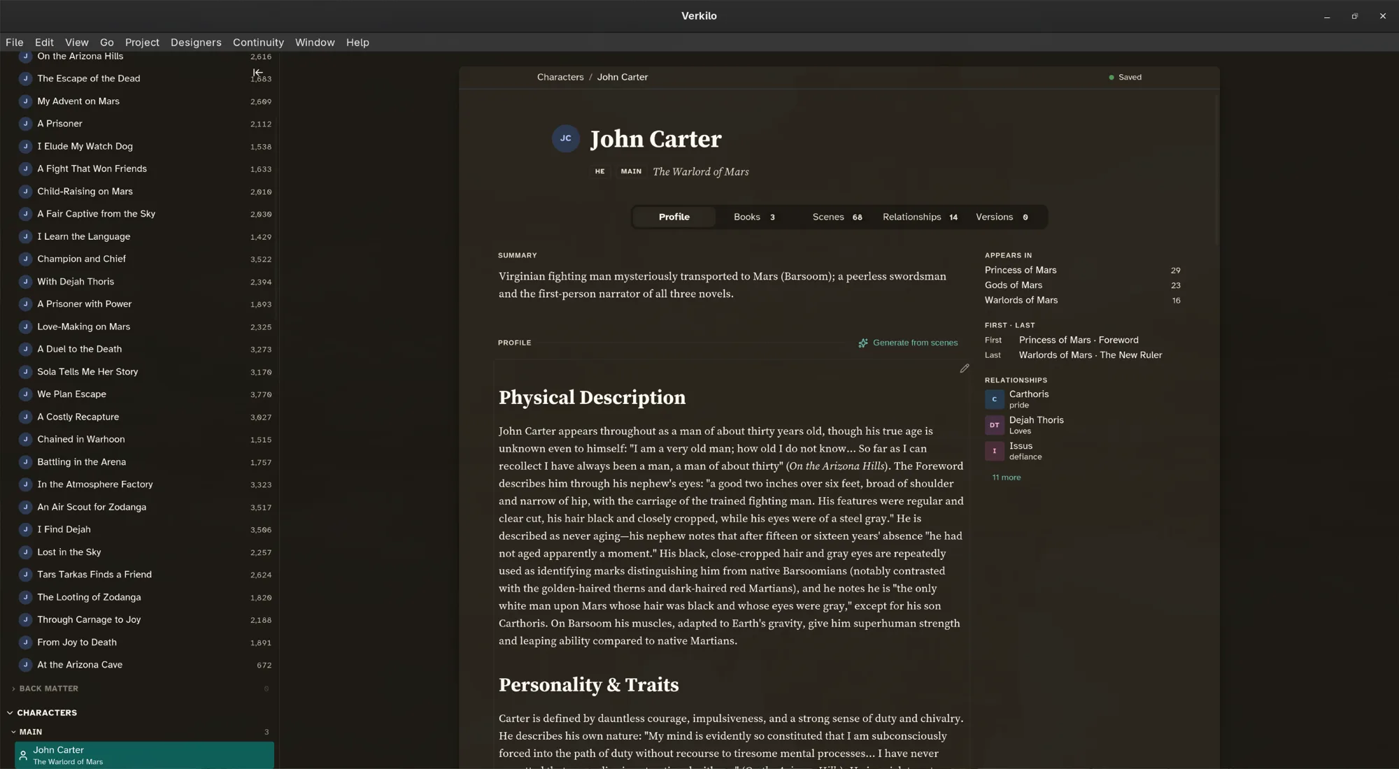 A character profile with tagline, role, and summary