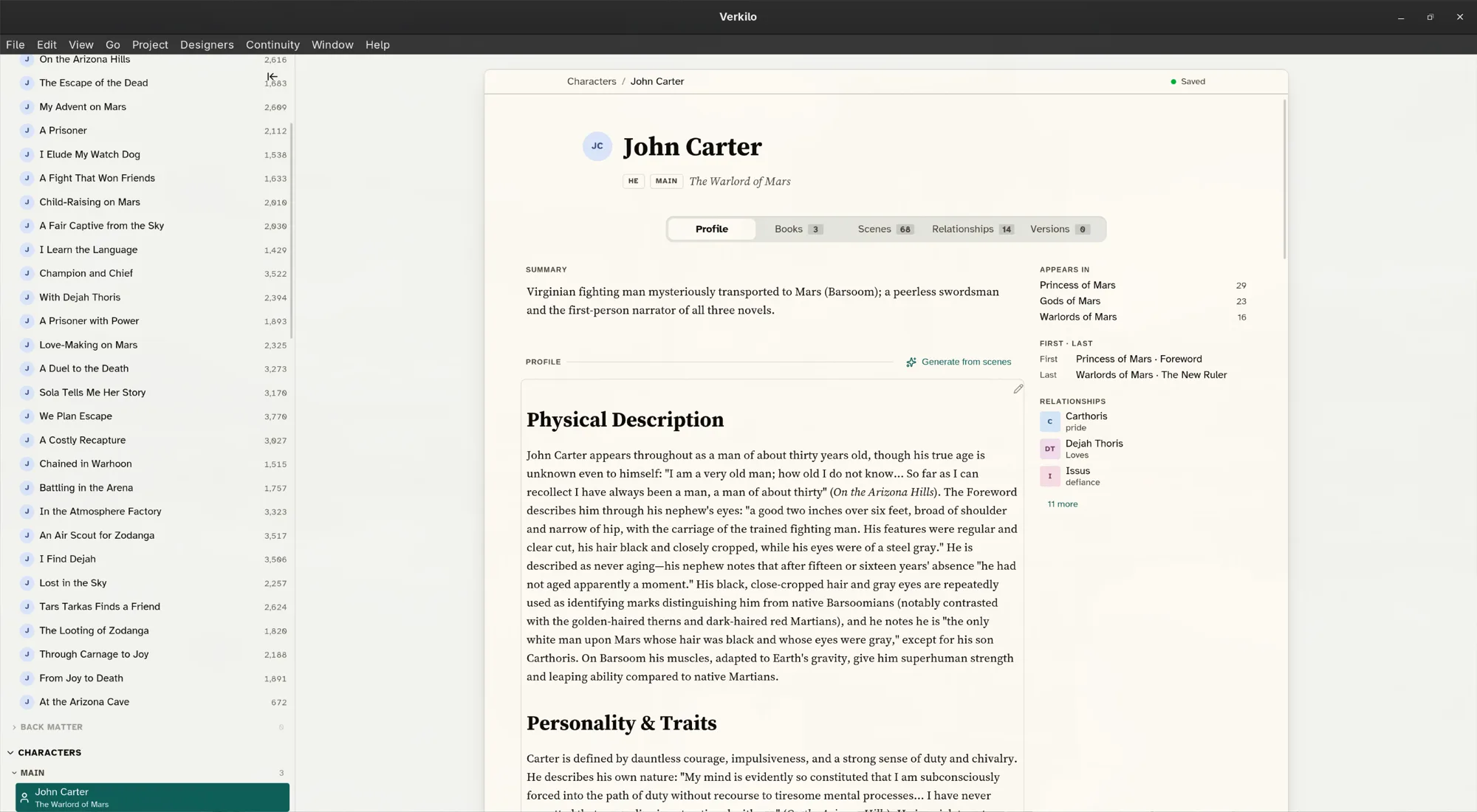 A character profile with tagline, role, and summary