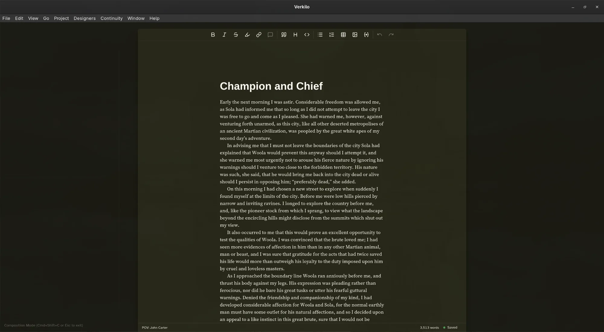Composition mode: the rail, sidebar, and side panels hidden, leaving only the manuscript