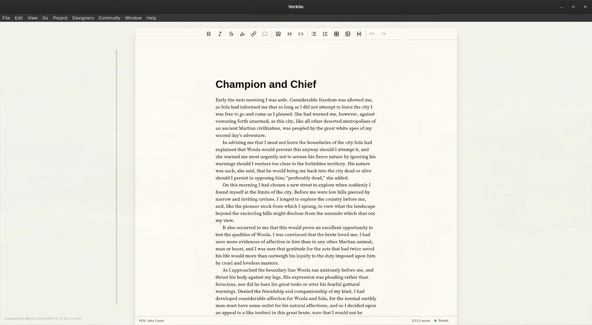 Composition mode: the rail, sidebar, and side panels hidden, leaving only the manuscript