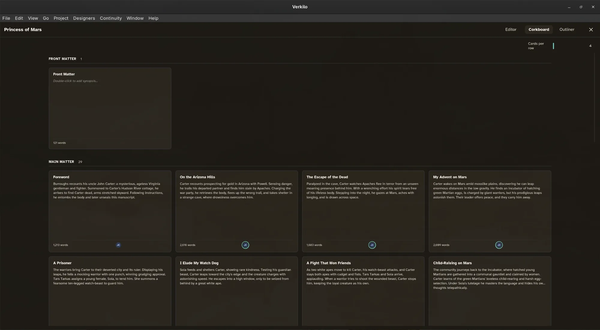 The corkboard: one index card per section, each with its synopsis