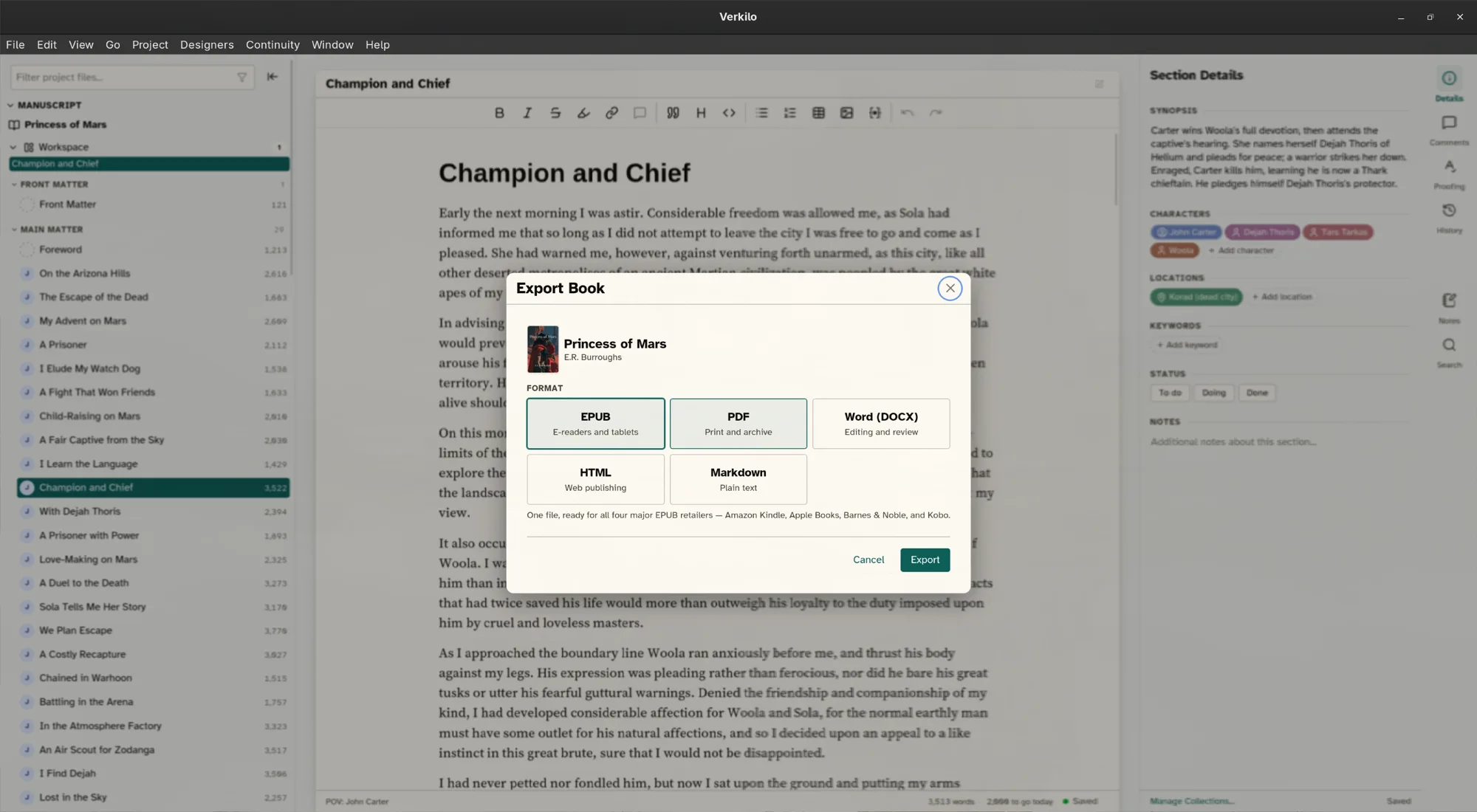 The export dialog offering EPUB, PDF, Word, HTML, and Markdown