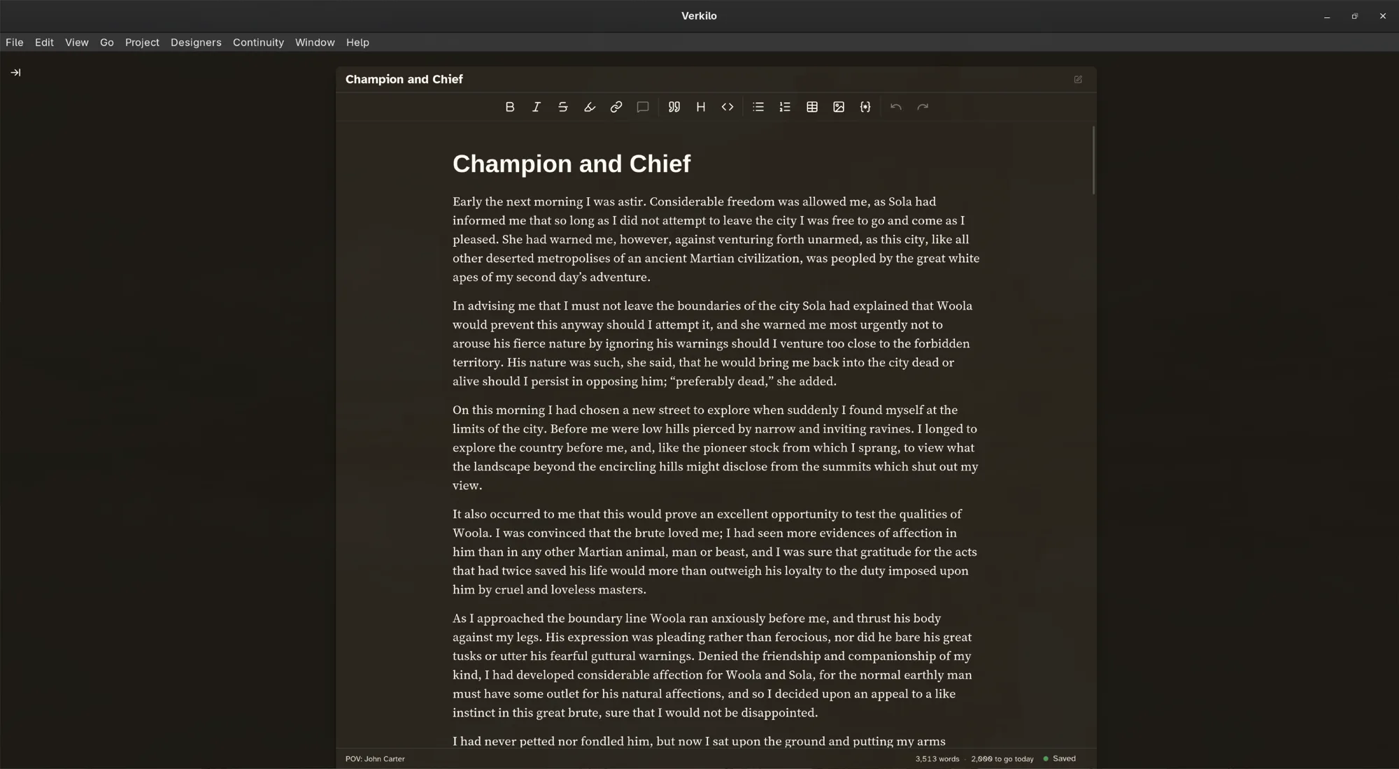 Composition mode: the navigator and side panels hidden, leaving only the manuscript