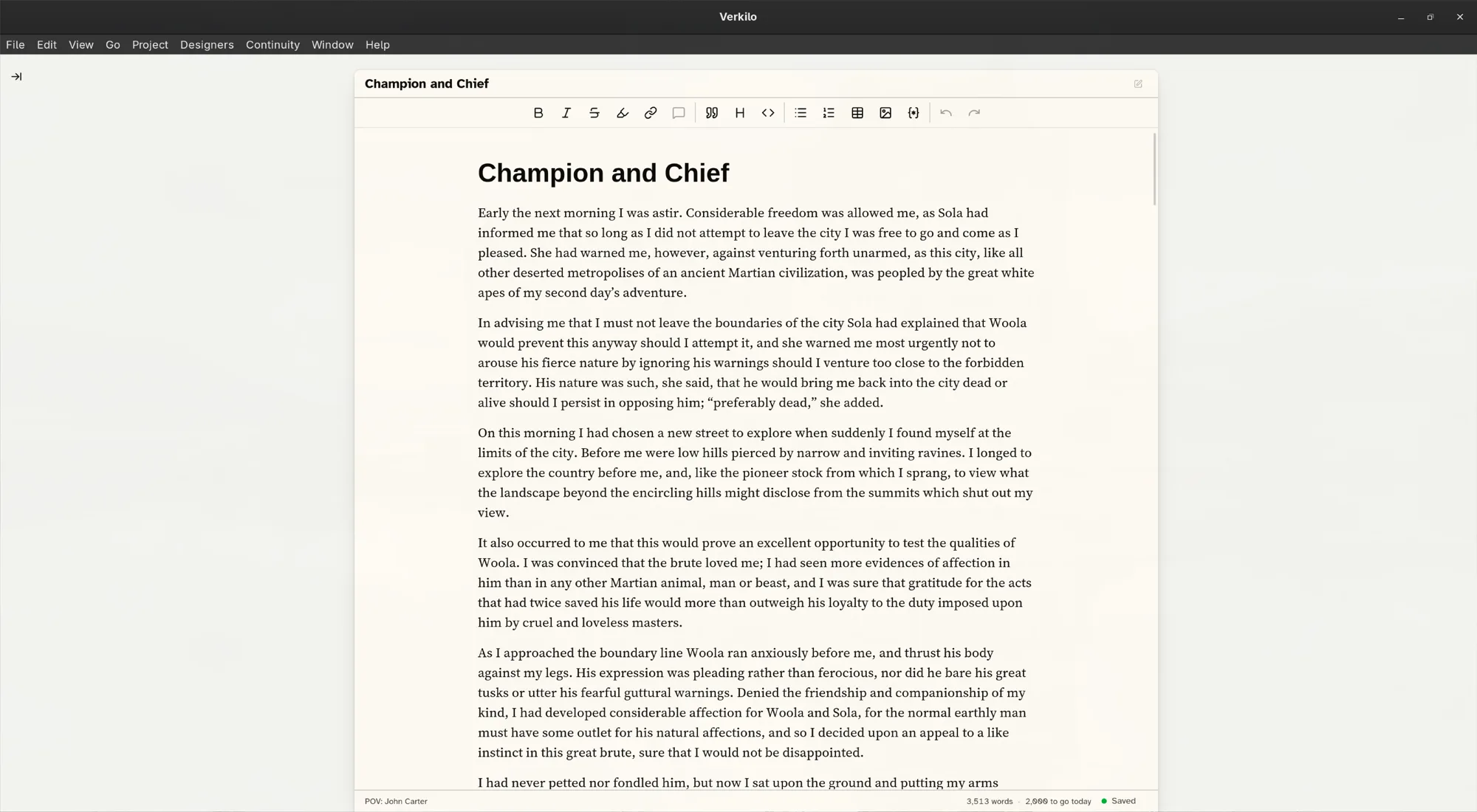 Composition mode: the navigator and side panels hidden, leaving only the manuscript