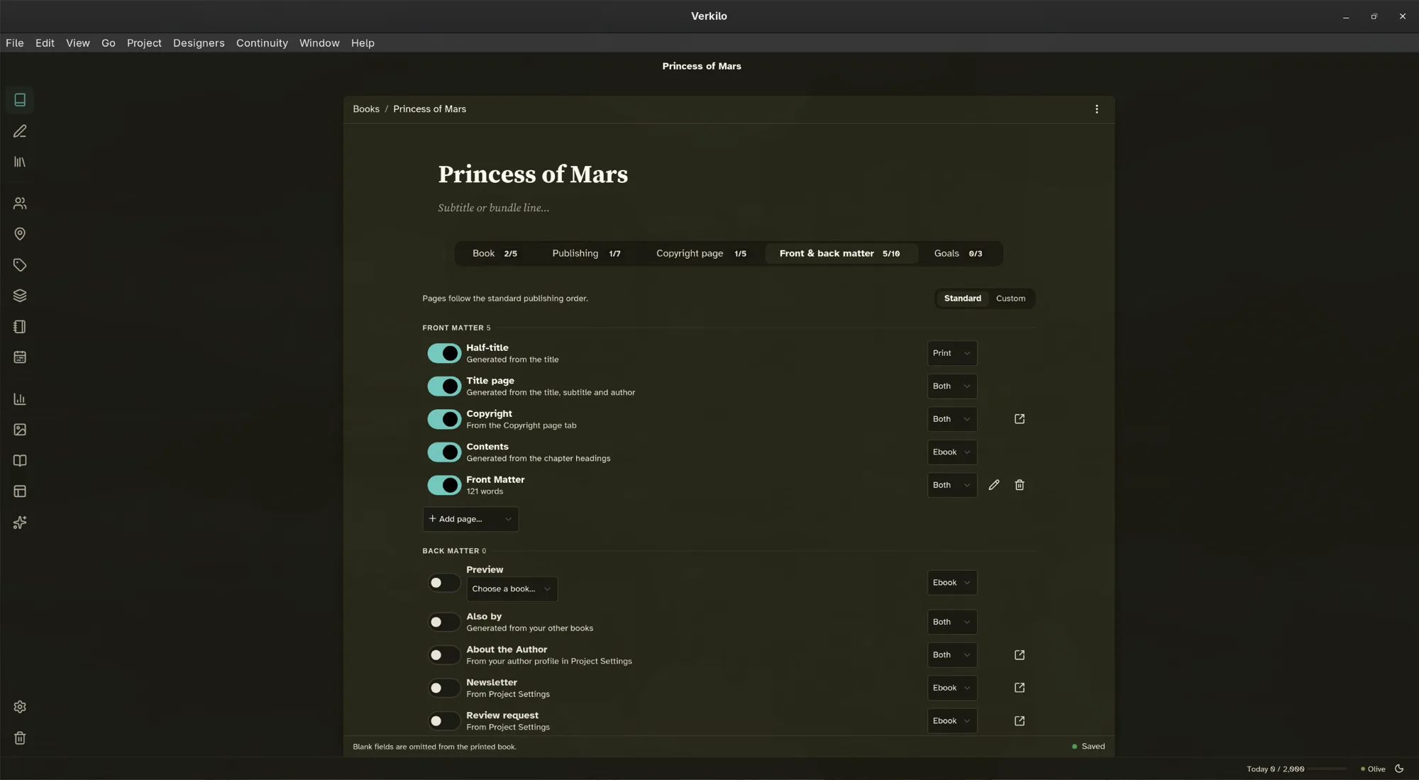 The Front & back matter tab: a Front matter list and a Back matter list, each page with an on/off switch and a format picker