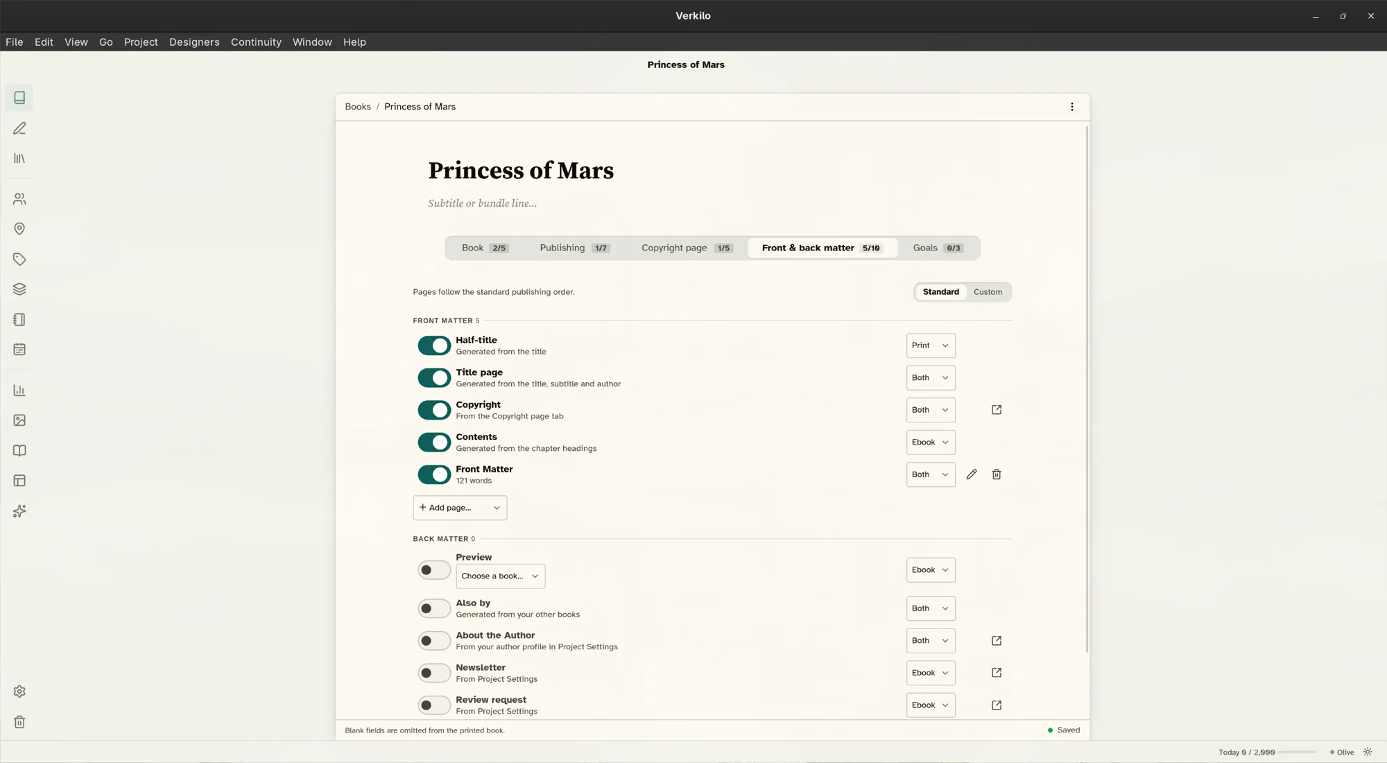 The Front & back matter tab: a Front matter list and a Back matter list, each page with an on/off switch and a format picker