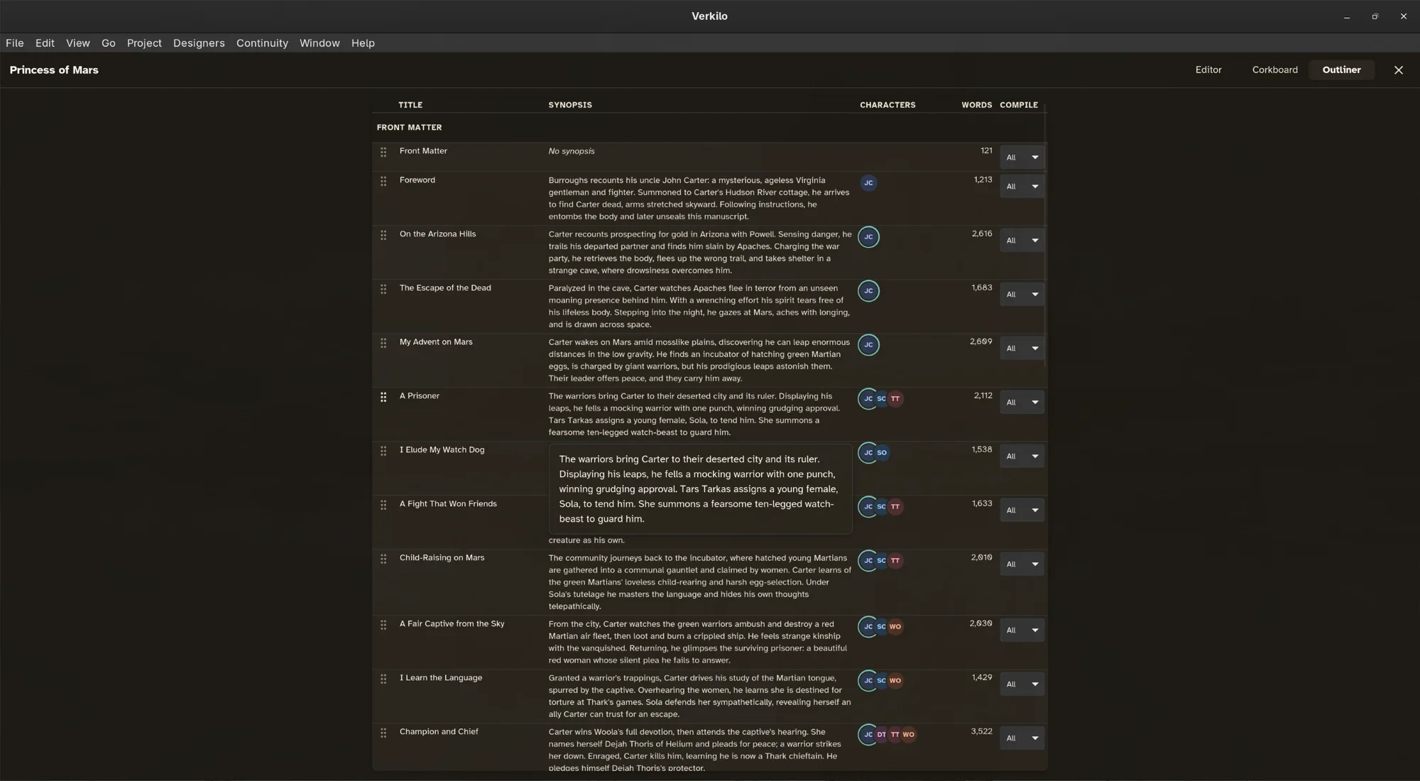 The outliner: sections as rows with synopsis, characters, word count, and status