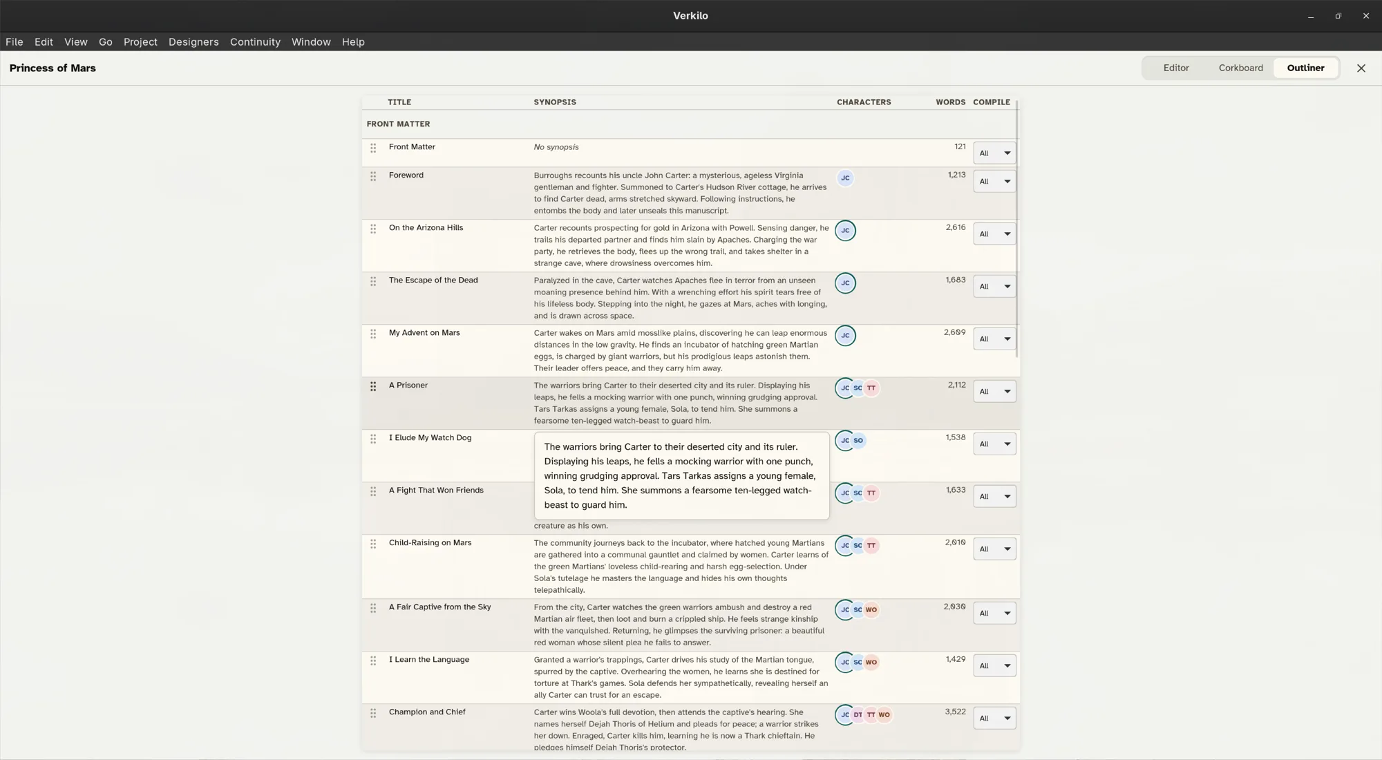 The outliner: sections as rows with synopsis, characters, word count, and status