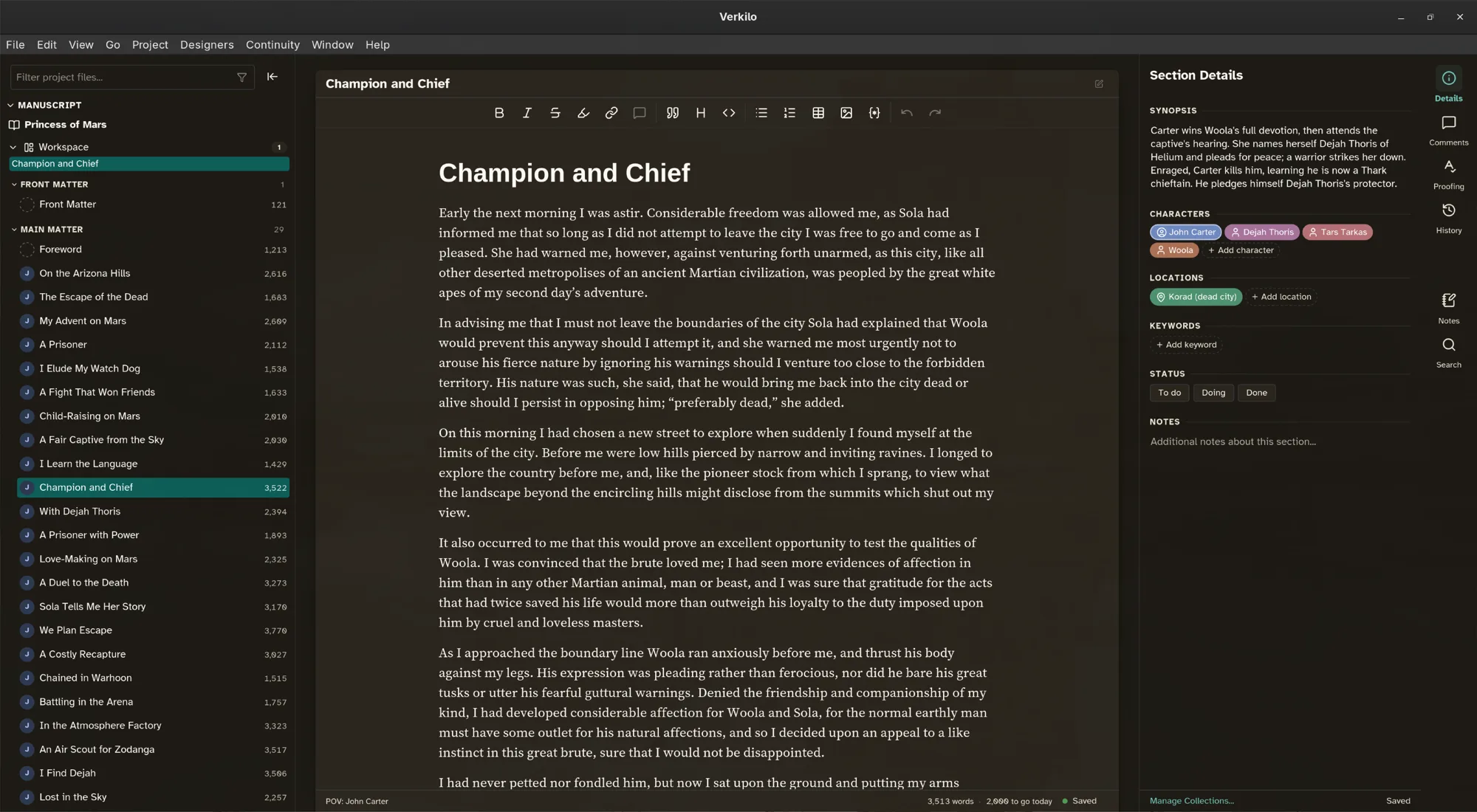 The Verkilo window: navigator on the left, editor in the middle, section details on the right
