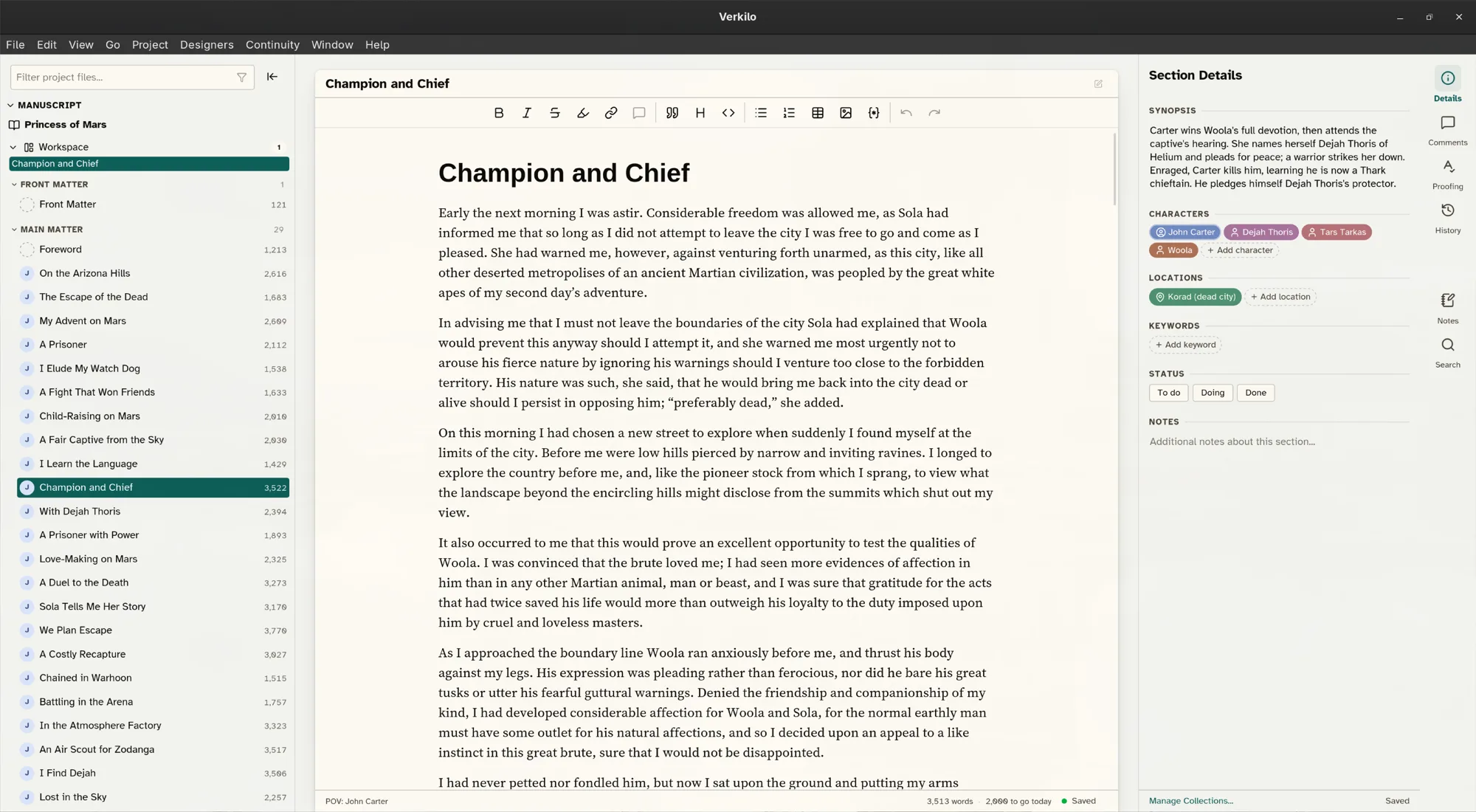 The Verkilo window: navigator on the left, editor in the middle, section details on the right