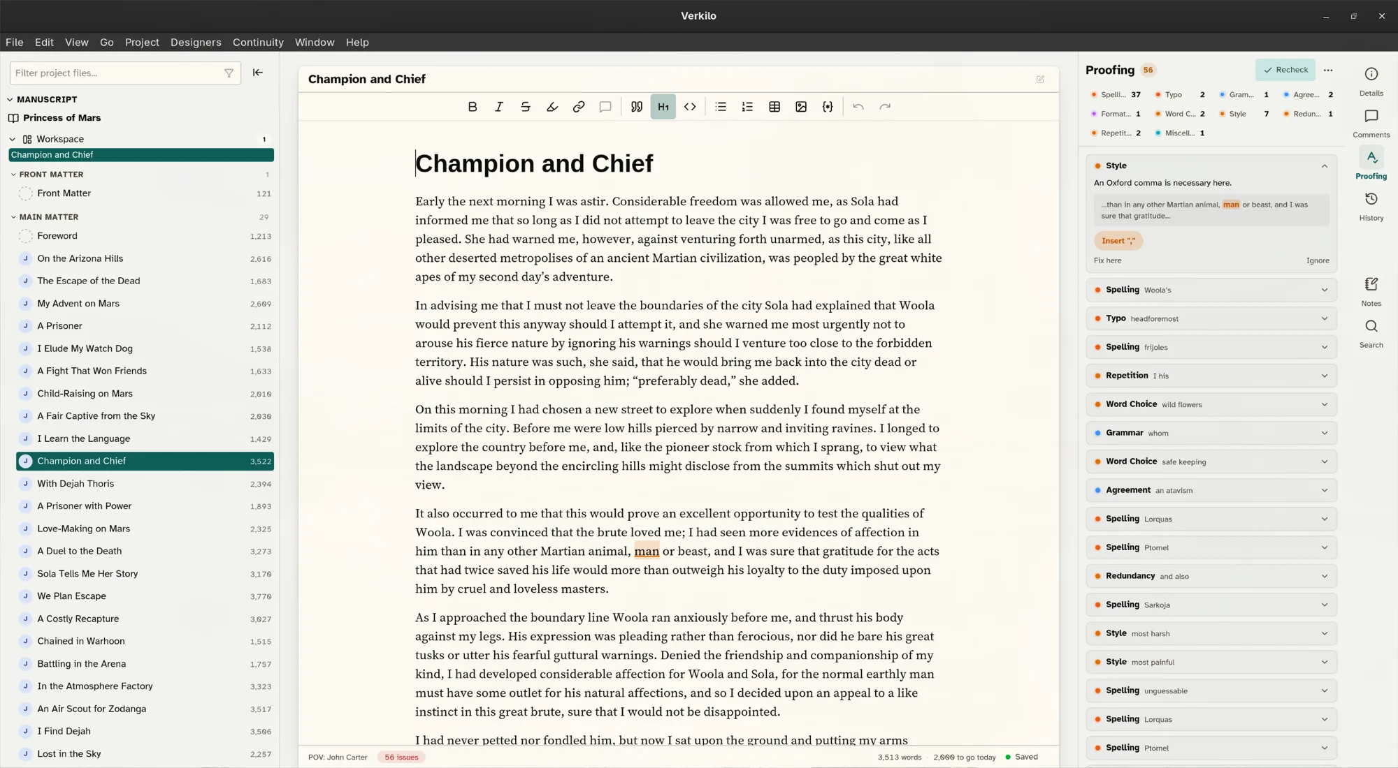 The Proofing panel listing spelling, grammar, and style issues beside the manuscript